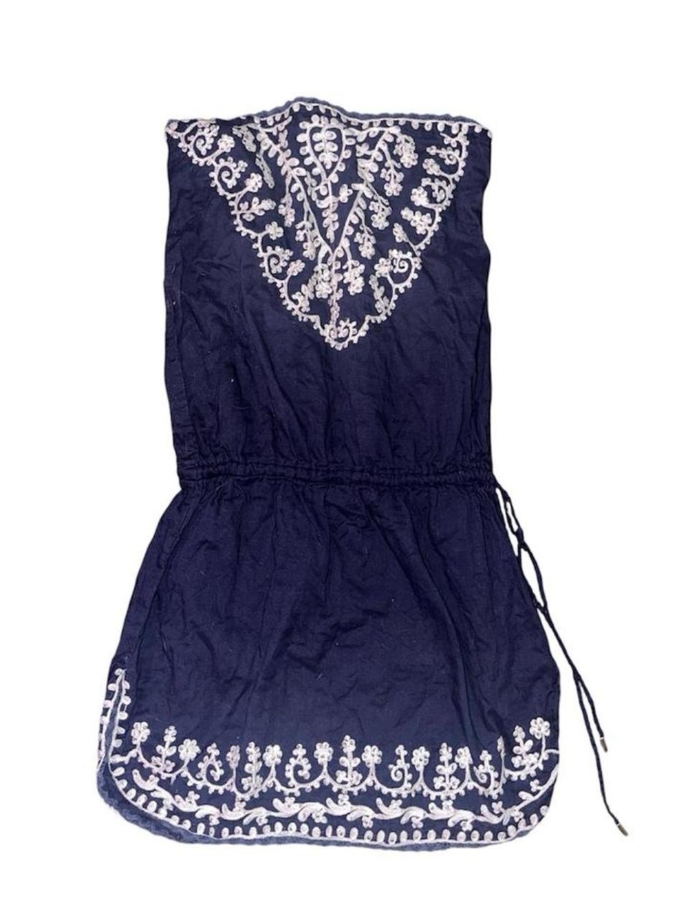 Navy Strapless Romper with White Embroidery cover up